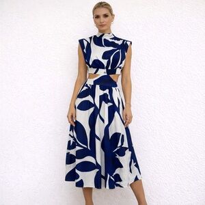 Blue & White Leaves Cutout Midi Dress |Mock| Abstract Print | Small NEW w/o Tag